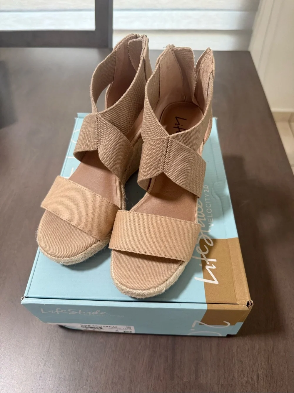Life Stride Women's Beige Crisscross Espadrille Wedge Sandals